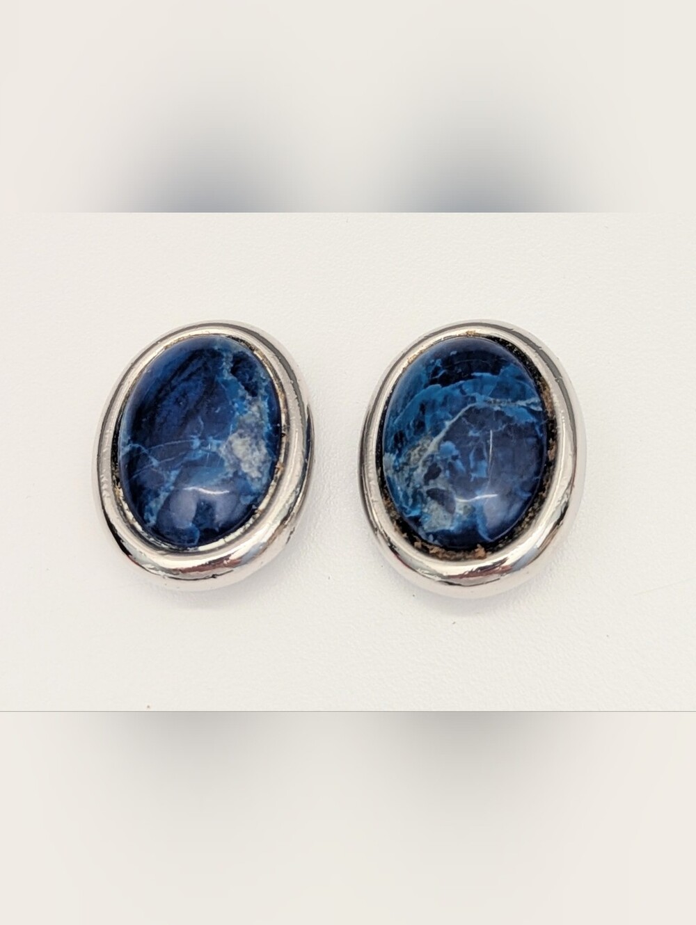 Denim Lapis-Like Blue Stone Oval Clip-On Silver-Tone Earrings - Picture 3 of 9